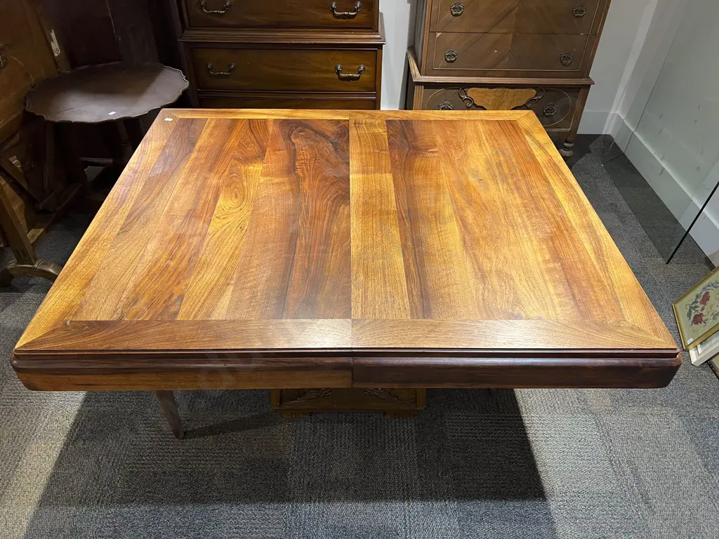 Walnut Campaign Dining Table together with Six Modern Dining Chairs Image 1++