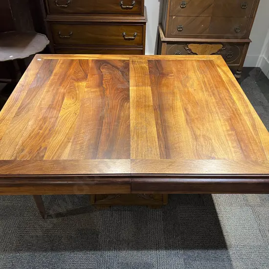 Walnut Campaign Dining Table together with Six Modern Dining Chairs