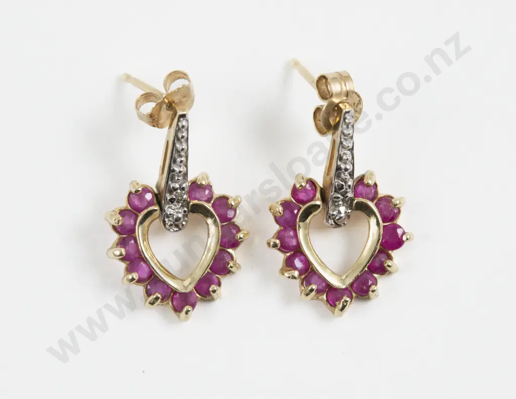 Pair 9ct Eleven Stone Ruby Heart Shaped Pendant Drop Earrings Image 1++