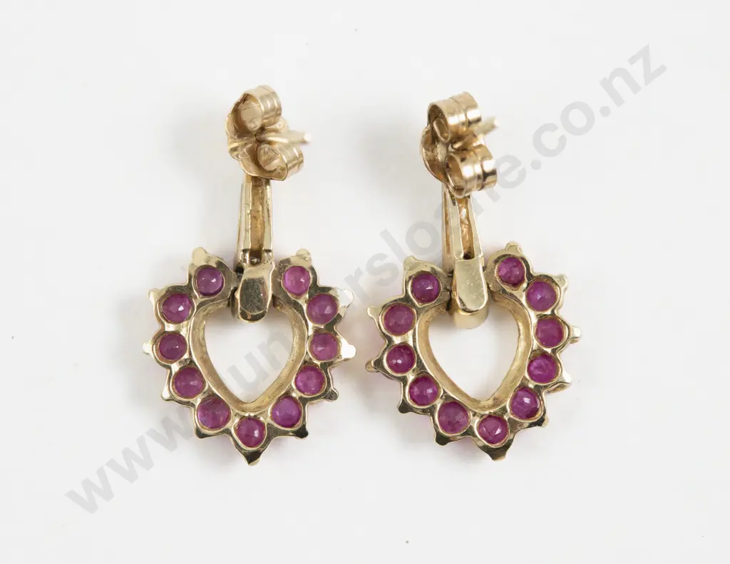 Pair 9ct Eleven Stone Ruby Heart Shaped Pendant Drop Earrings Image 1++