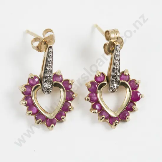 Pair 9ct Eleven Stone Ruby Heart Shaped Pendant Drop Earrings