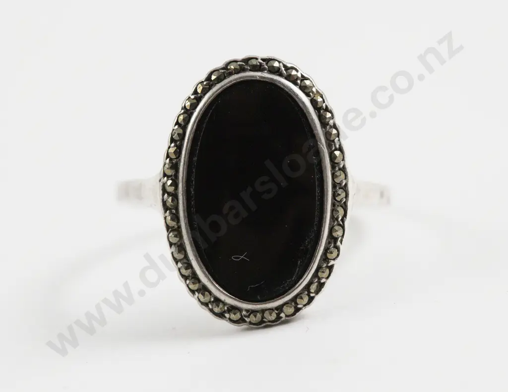 S/S and Marcasite Single Stone Onyx Dress Ring Image 1++