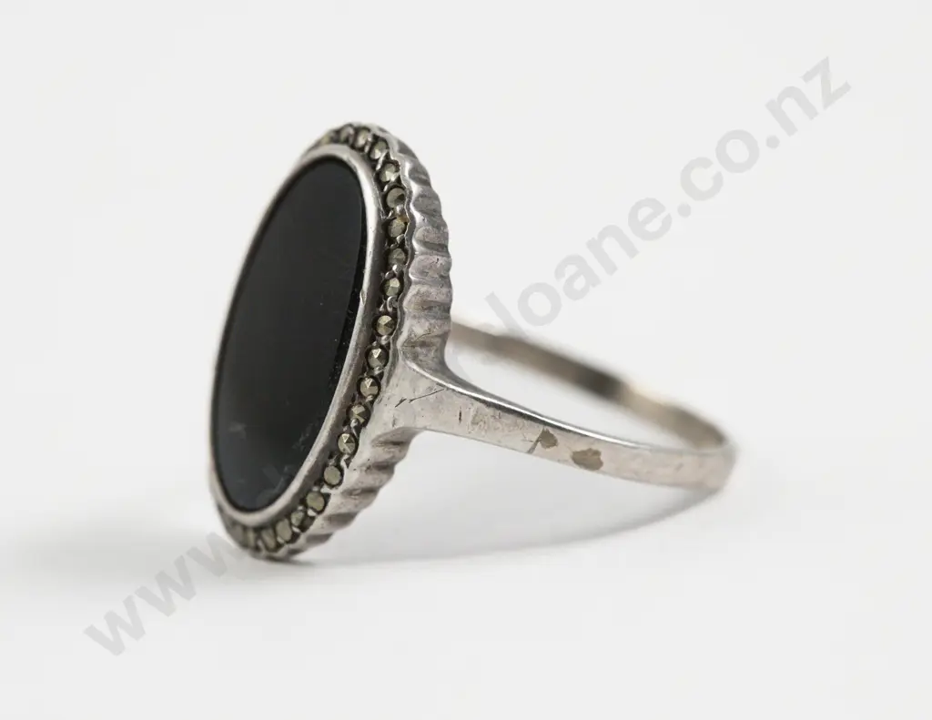 S/S and Marcasite Single Stone Onyx Dress Ring Image 1++