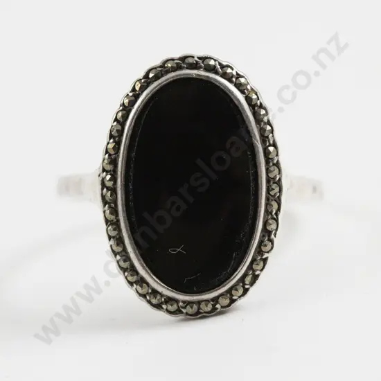 S/S and Marcasite Single Stone Onyx Dress Ring