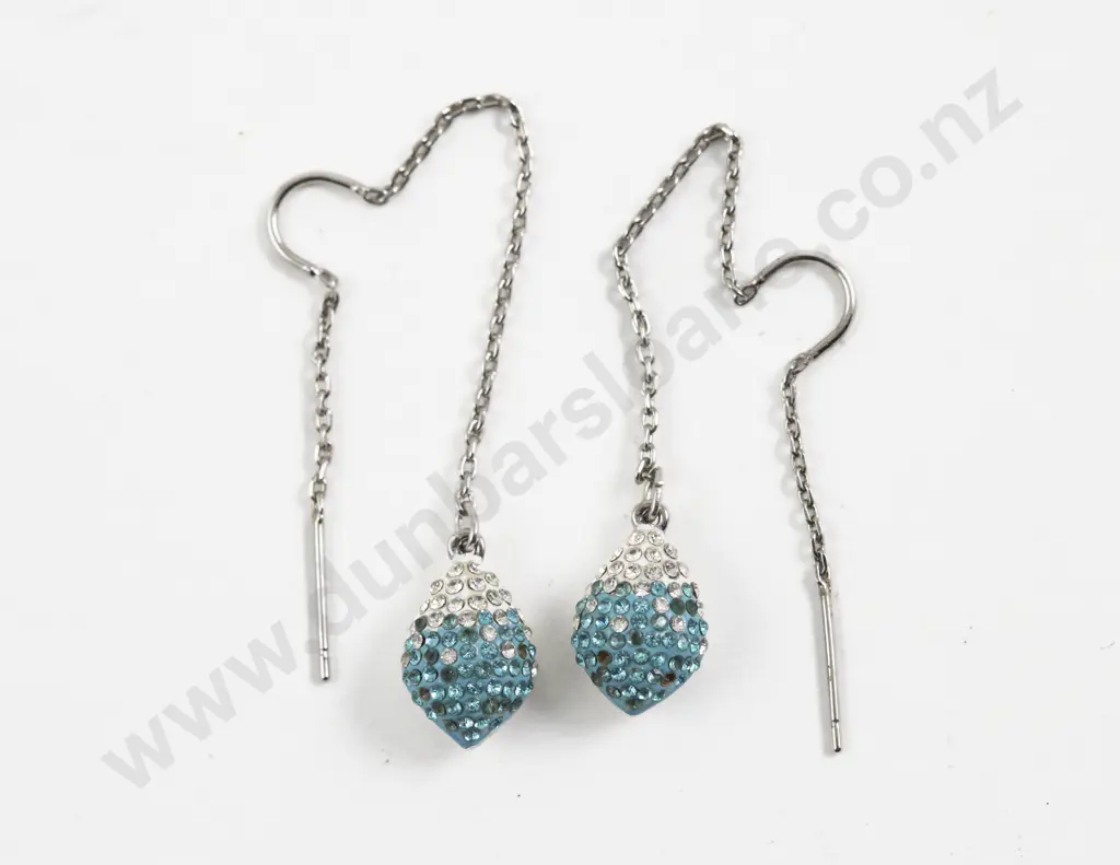 Pair Swarovski Teal and Clear Crystal Teardrop Dangle Pendant Earrings Image 1++