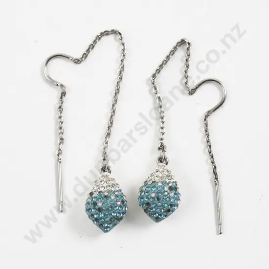 Pair Swarovski Teal and Clear Crystal Teardrop Dangle Pendant Earrings