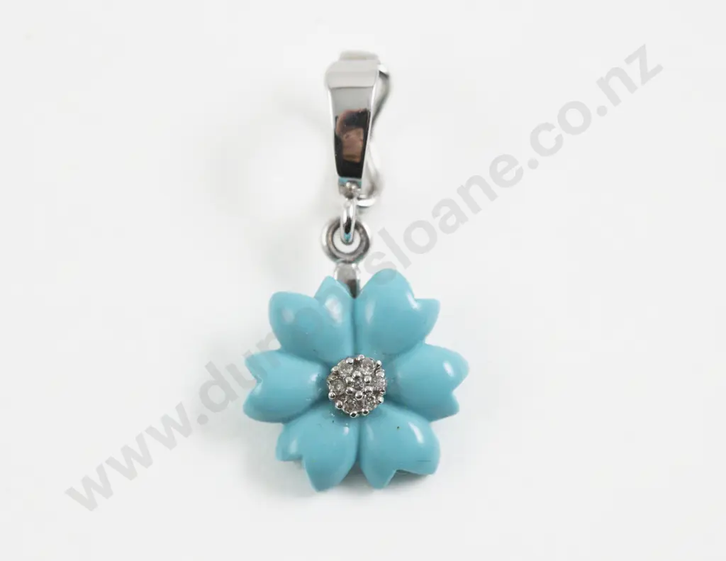 S/S Seven Stone Diamond Cluster and Turquoise Floral Pendant Image 1++