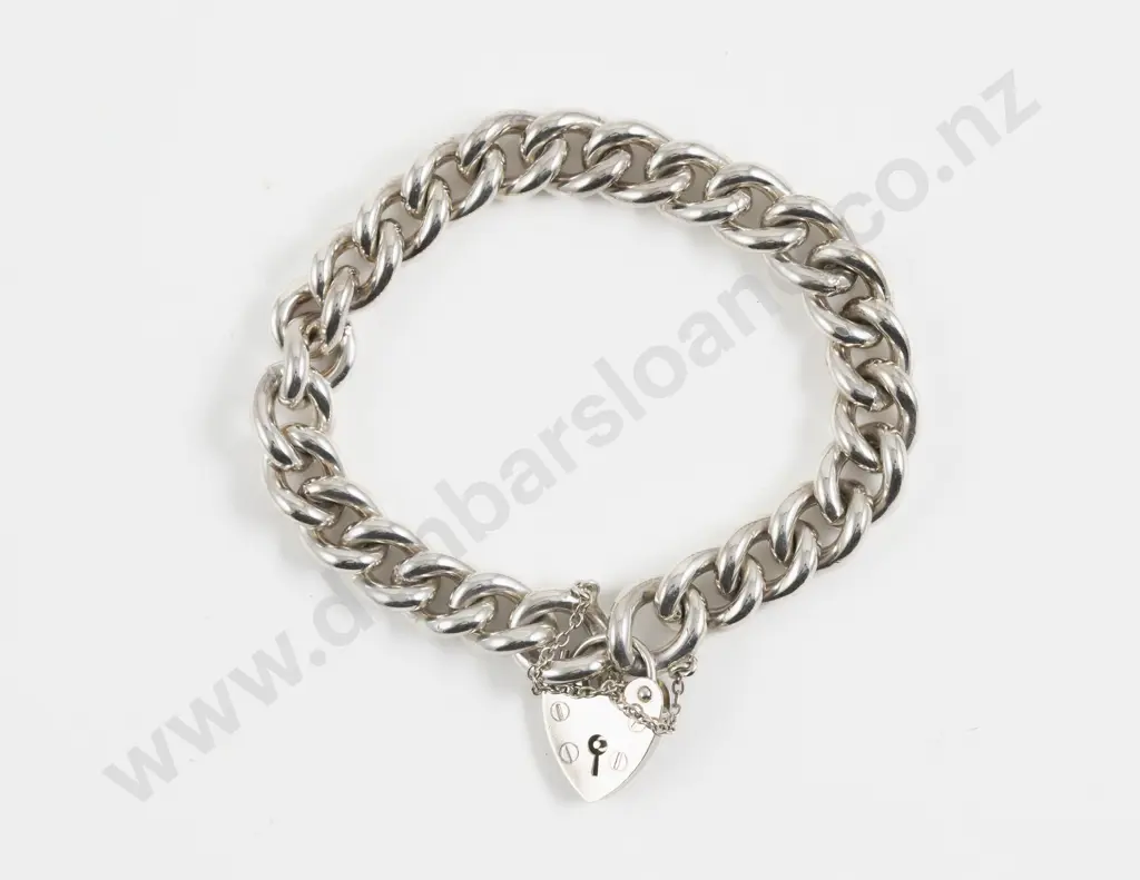 S/S Fancy Curb Link Bracelet with Heart Padlock Clasp Image 1++