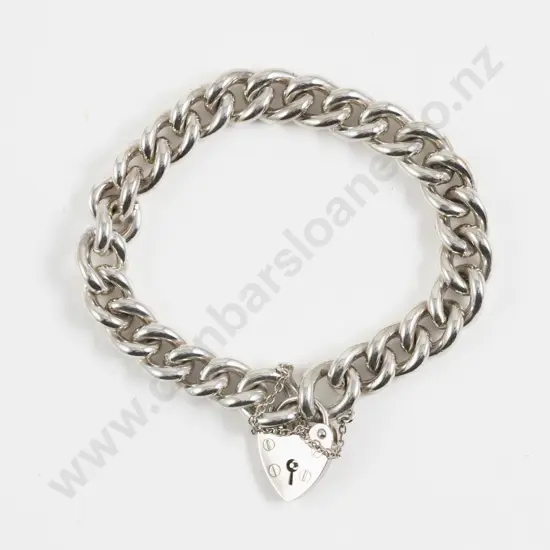 S/S Fancy Curb Link Bracelet with Heart Padlock Clasp