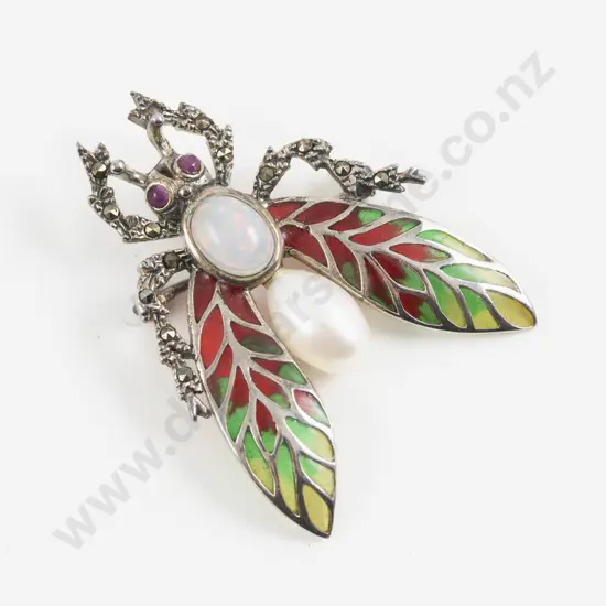 S/S and Marcasite Enamel Moth Brooch