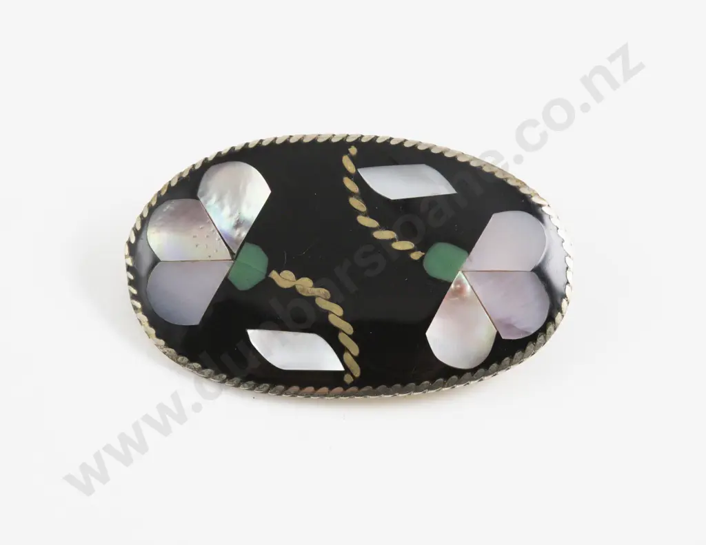 Mexican Alpaca S/S and MOP Enamel Floral Brooch Image 1++