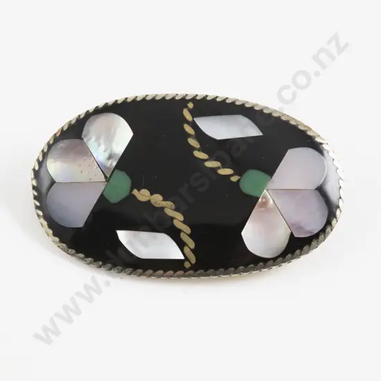 Mexican Alpaca S/S and MOP Enamel Floral Brooch