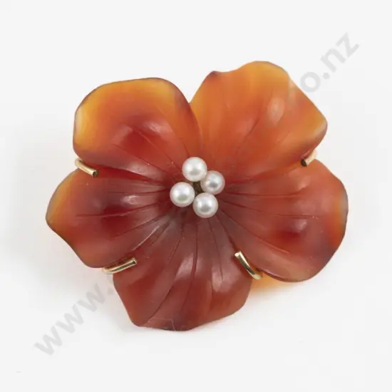 9ct Mounted Carnelian and Cultured Pearl Floral Pendant