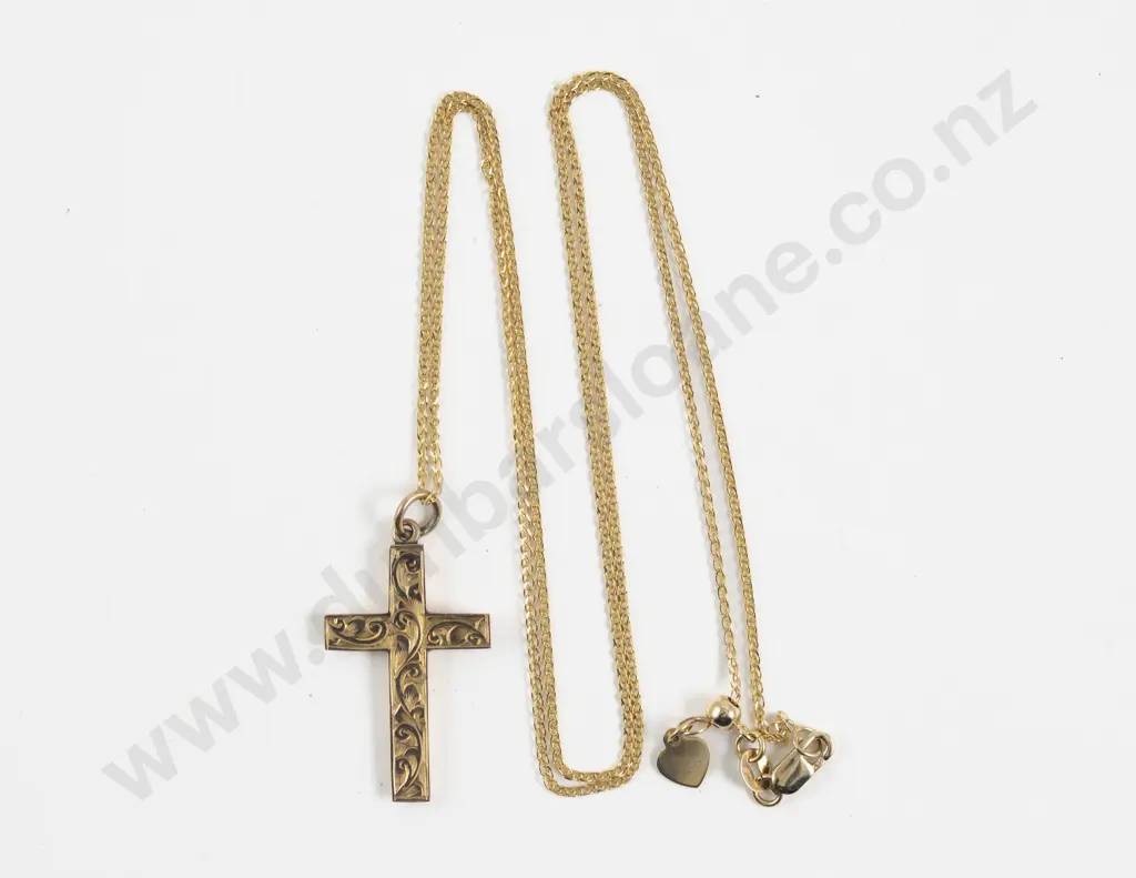 9ct Engraved Cross Pendant on 14ct Neck Chain Image 1++