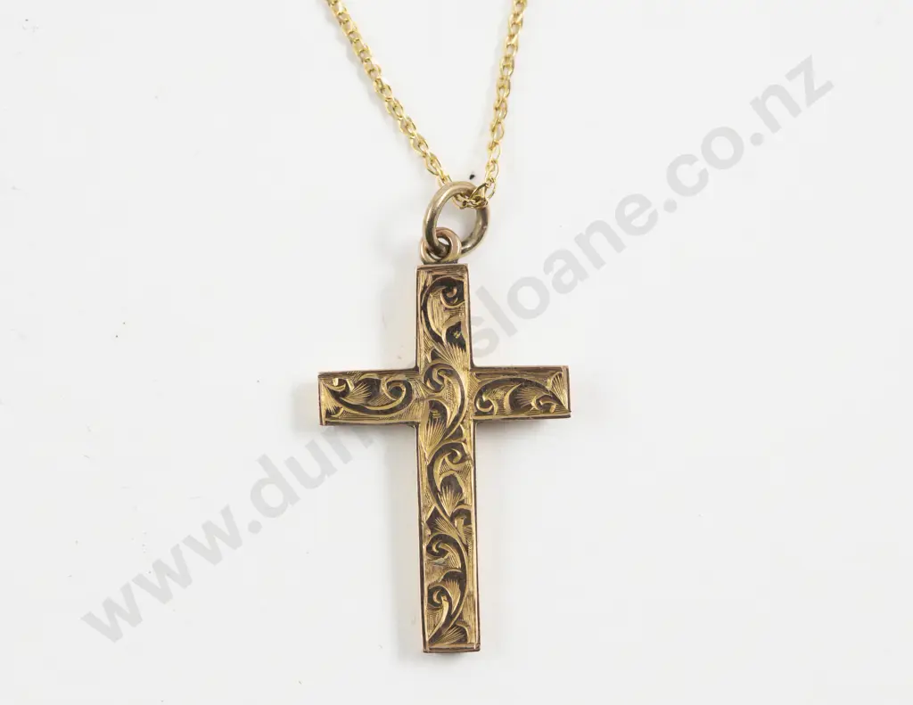 9ct Engraved Cross Pendant on 14ct Neck Chain Image 1++
