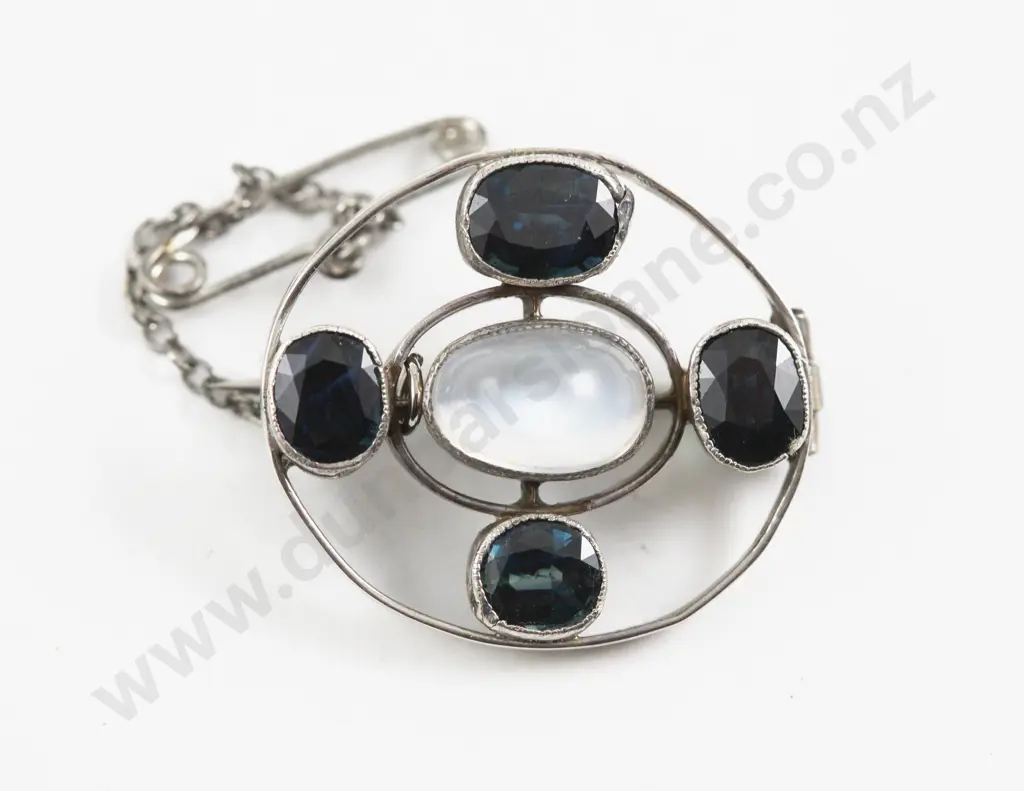 14ct White Gold Five Stone Sapphire and Moonstone Brooch Image 1++