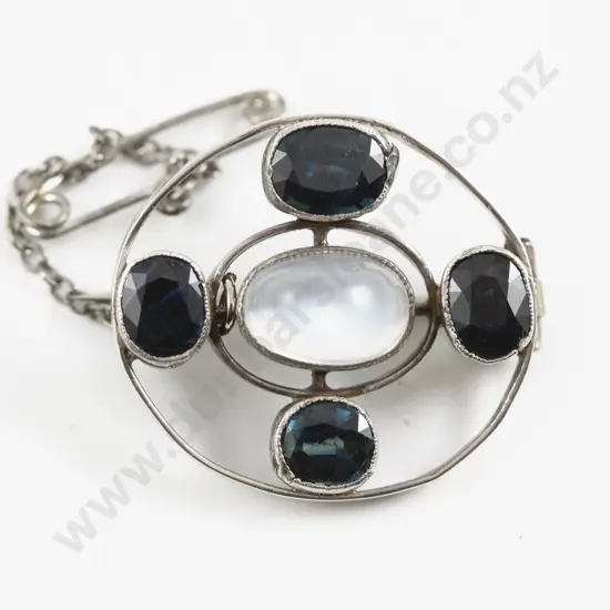 14ct White Gold Five Stone Sapphire and Moonstone Brooch