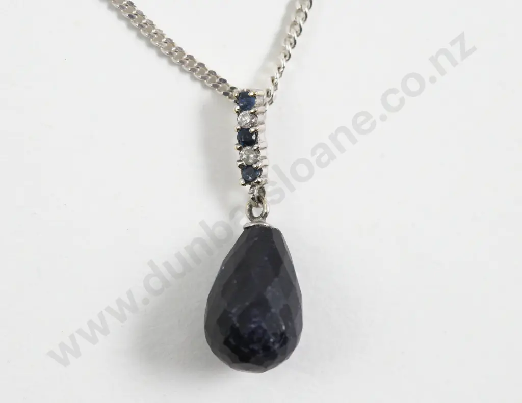 9ct White Gold Five Stone Diamond and Sapphire Pendant Image 1++