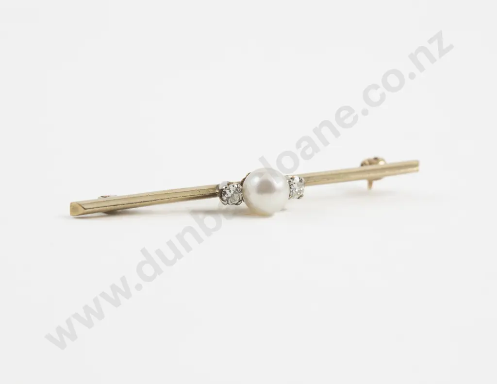 9ct Three Stone Cultured Pearl and Diamond Bar Brooch Image 1++