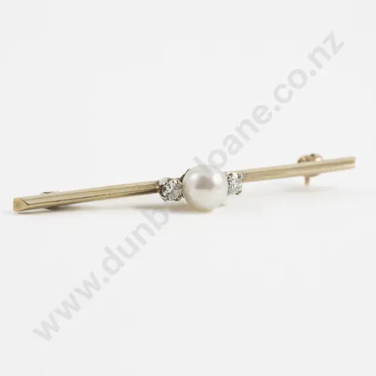 9ct Three Stone Cultured Pearl and Diamond Bar Brooch