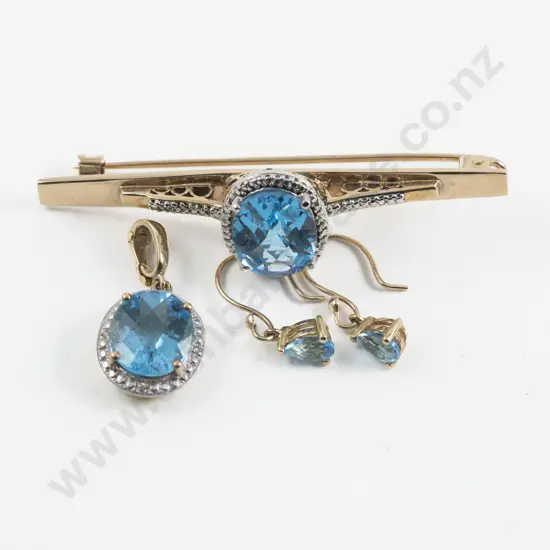 9ct Single Stone Topaz Pendant Brooch and Earrings Suite