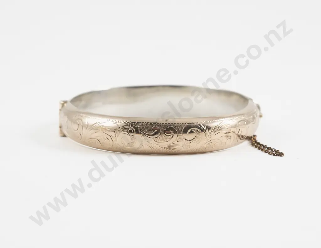 9ct on S/S Half Engraved Hinged Snap Bangle Image 1++