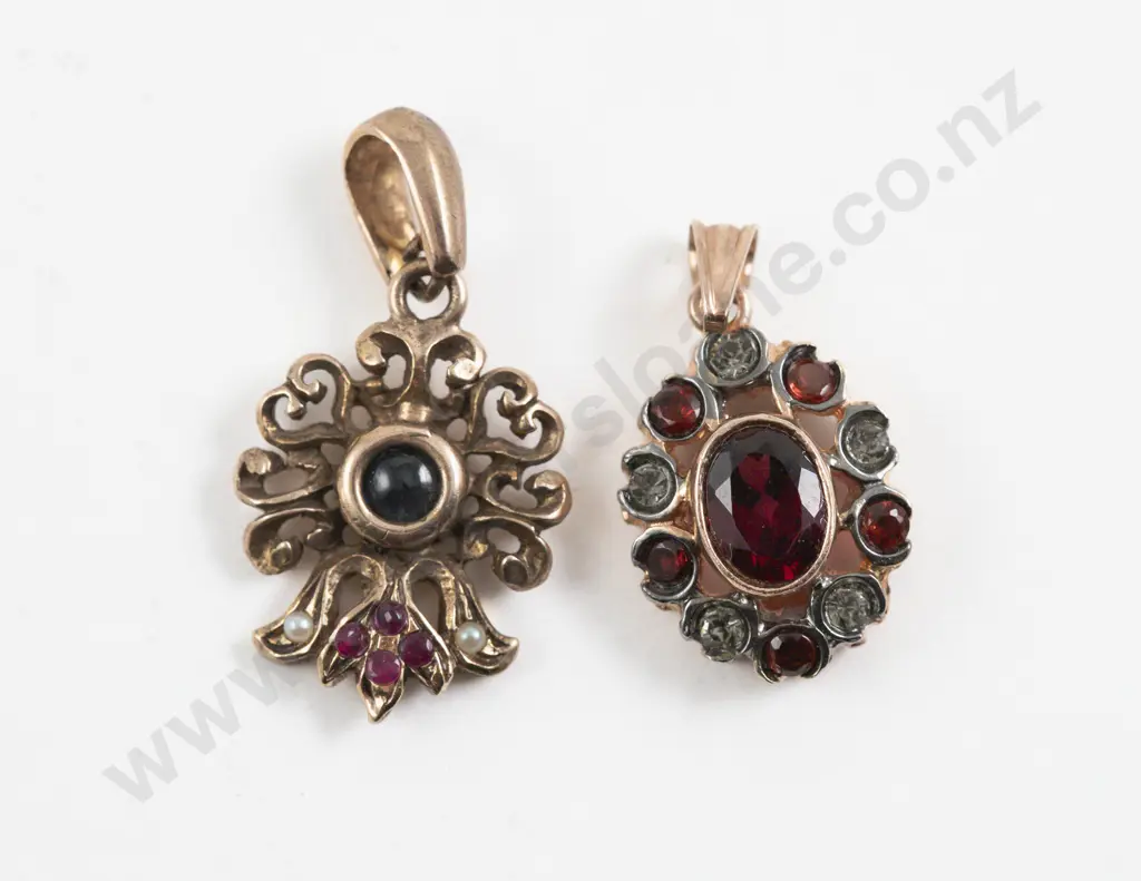 Two Silver Gilt Garnet Diamantes and Seed Pearl Pendants Image 1++