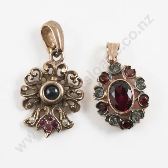 Two Silver Gilt Garnet Diamantes and Seed Pearl Pendants