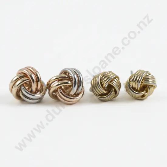 Two Pairs 14ct Tri Colour Knot Stud Earrings