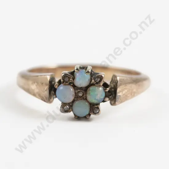 9ct Nine Stone Opal and Diamond Floret Cluster Ring