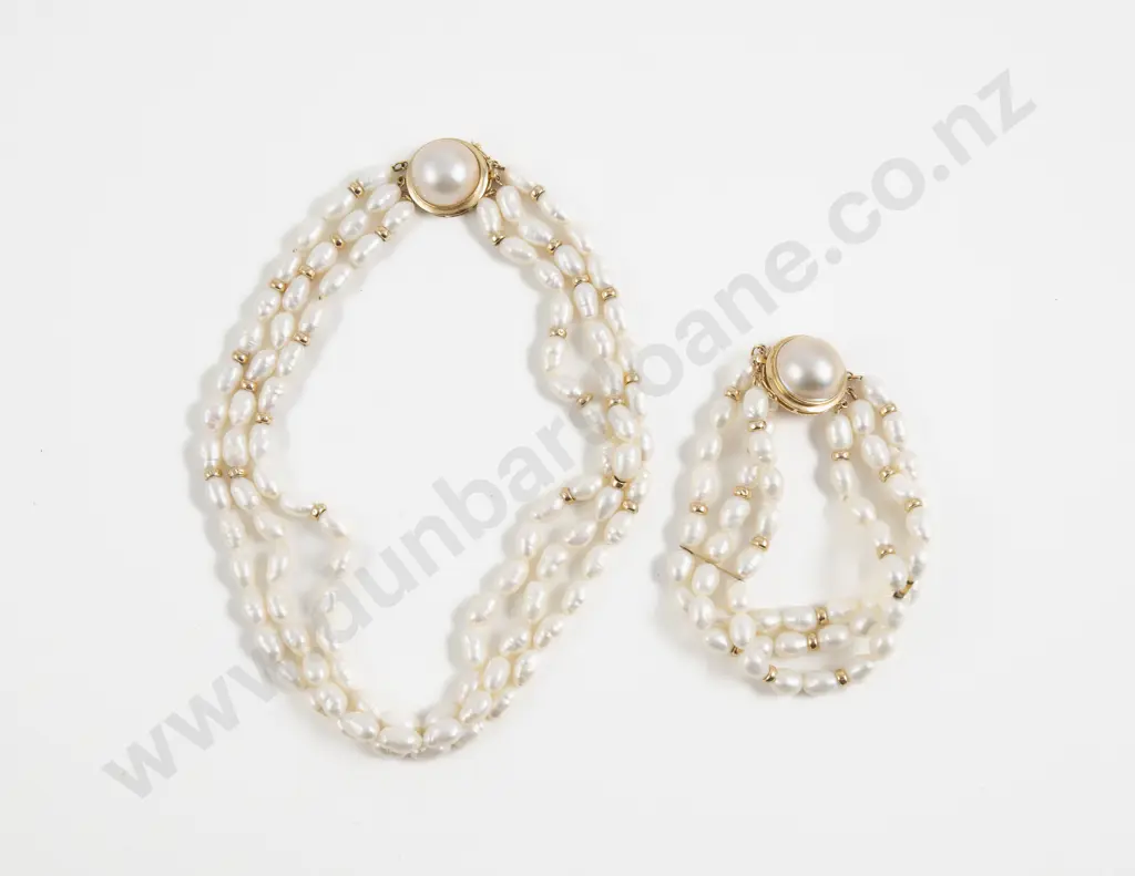 Triple Strand Fresh Water Pearl Necklace and Matching Bracelet Image 1++