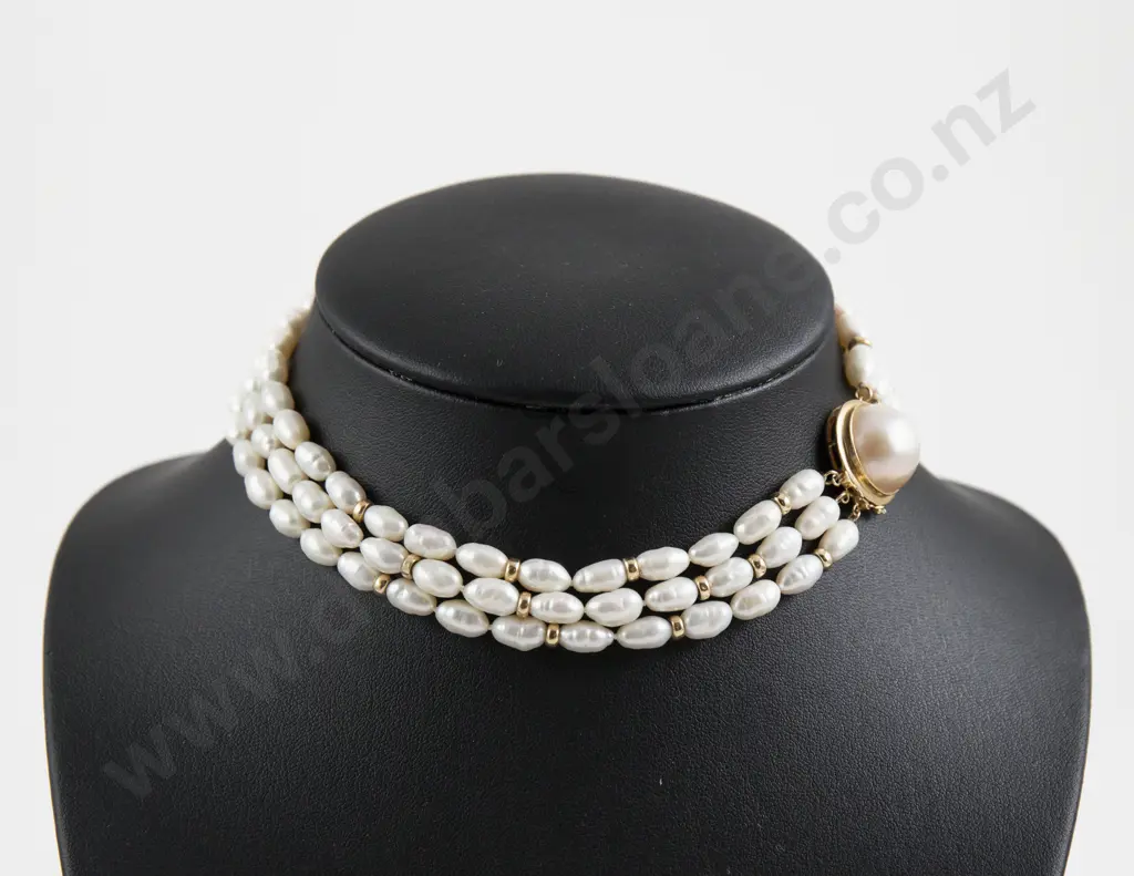 Triple Strand Fresh Water Pearl Necklace and Matching Bracelet Image 1++
