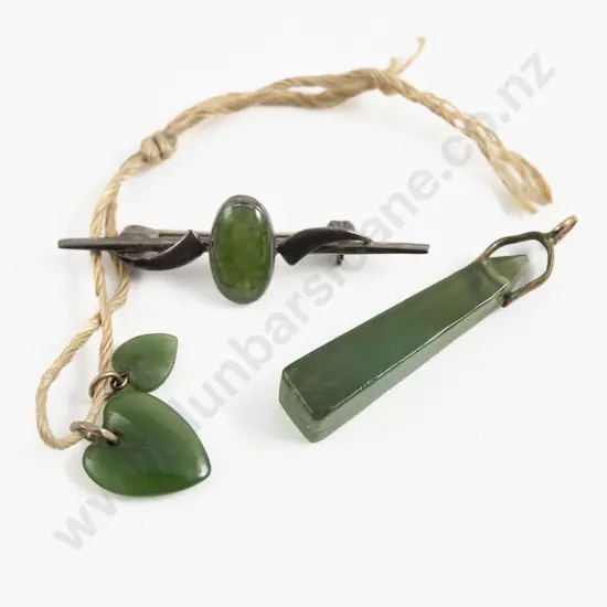 Silver Mounted Single Greenstone Brooch with Three Pendants