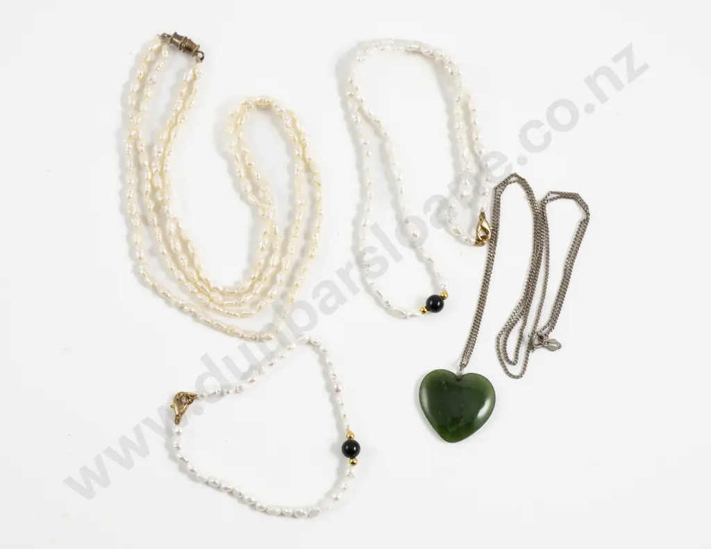 Two Fresh Water Pearl Necklaces with Bracelet and Greenstone Heart Pendant Image 1++