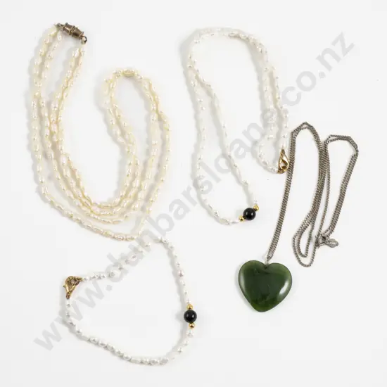 Two Fresh Water Pearl Necklaces with Bracelet and Greenstone Heart Pendant