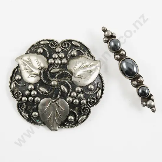 S/S Three Stone Hematite Bar Brooch together with Pewter Circular Brooch