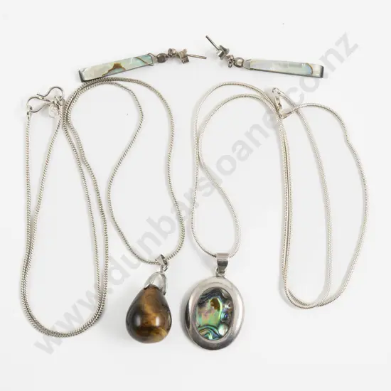 S/S Paua Pendant on S/S Neck Chain together with Earrings and Tiger Eye Pendant