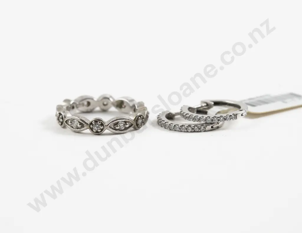 S/S Twelve Stone Cubic Zirconia Band Ring and Pair Hoop Earrings Image 1++