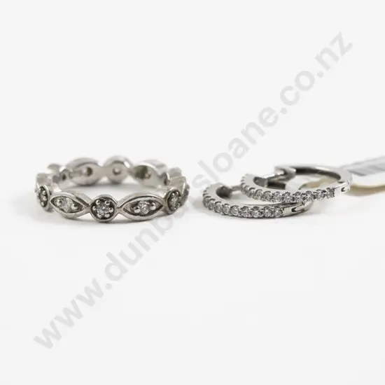 S/S Twelve Stone Cubic Zirconia Band Ring and Pair Hoop Earrings