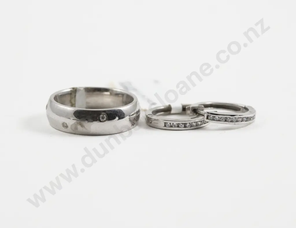 S/S Four Stone Cubic Zirconia Band Ring and Pair Hoop Earrings Image 1++