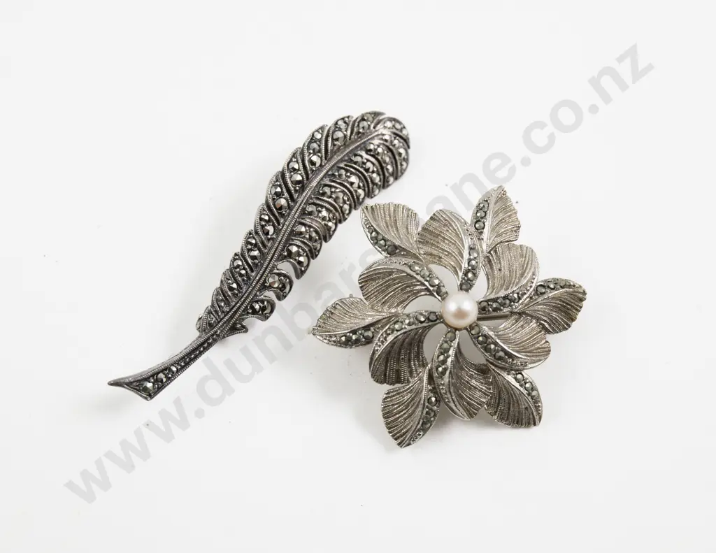 S/S and Marcasite Fern and Flower Brooch Image 1++