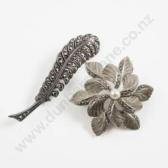 S/S and Marcasite Fern and Flower Brooch