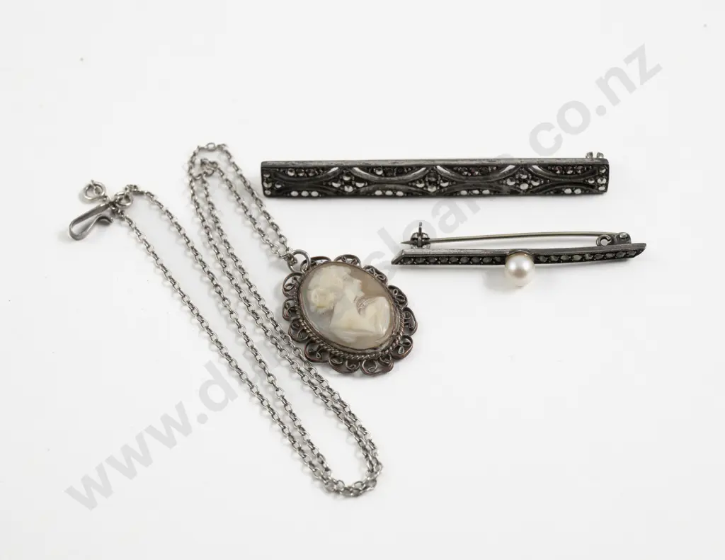 Two S/S and Marcasite Bar Brooches Image 1++