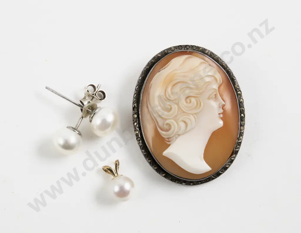 S/S and Marcasite Framed Classical Portrait Cameo Brooch Image 1++