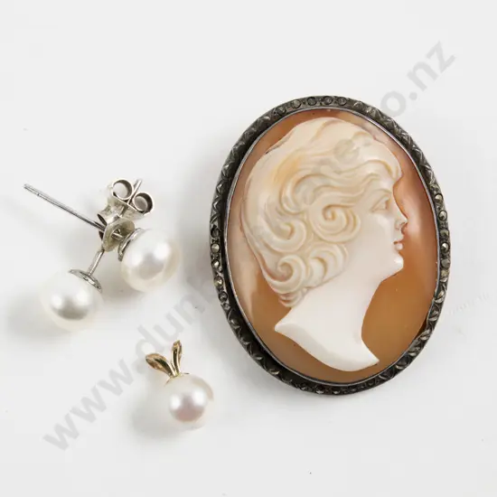 S/S and Marcasite Framed Classical Portrait Cameo Brooch