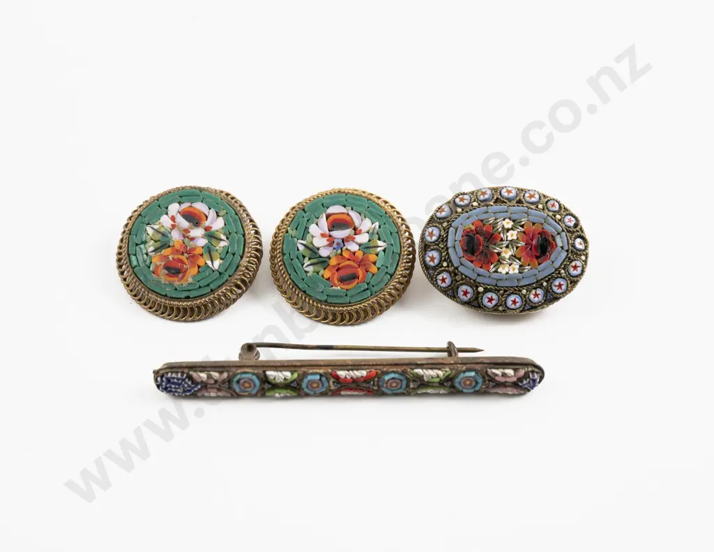 Vintage Three Italian Micro Mosaic Brooches and Pair Earrings Image 1++
