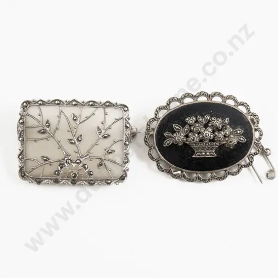 Vintage German S/S Marcasite and Onyx Brooch