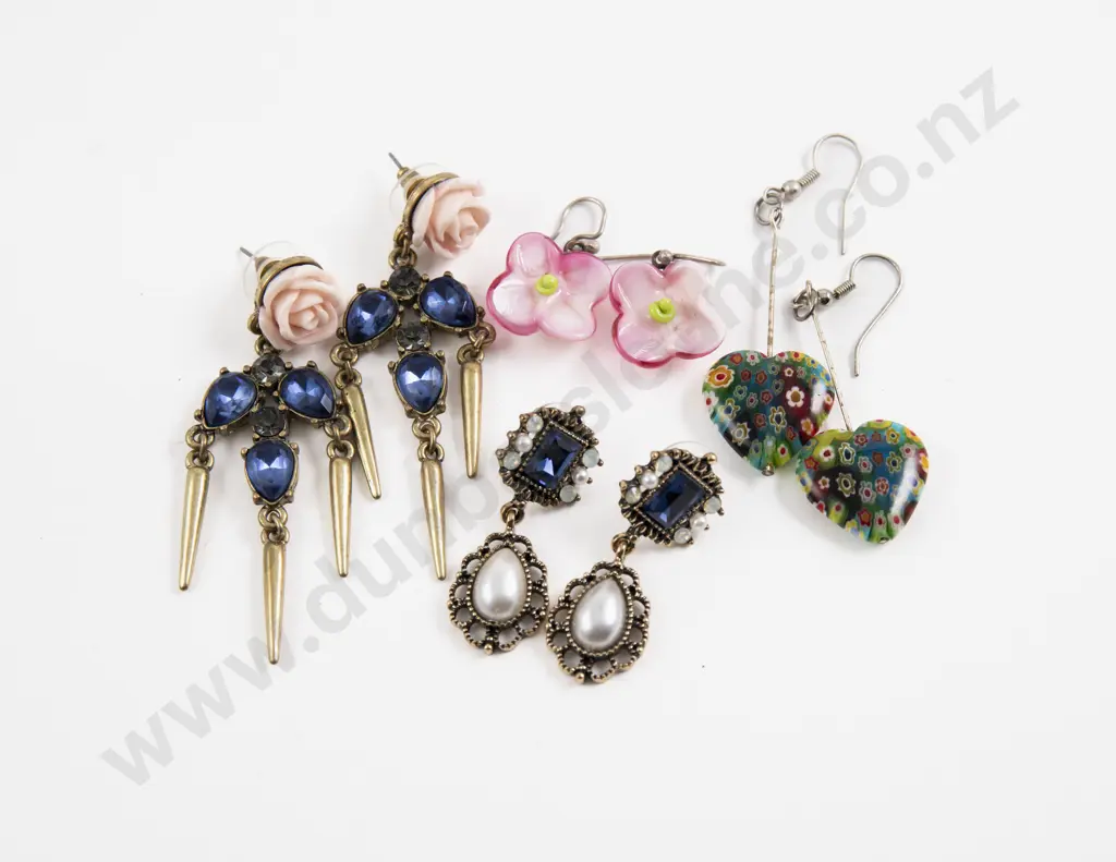 Pair Millefiori Glass Heart Shape Pendant Drop Earrings with Three Others Image 1++