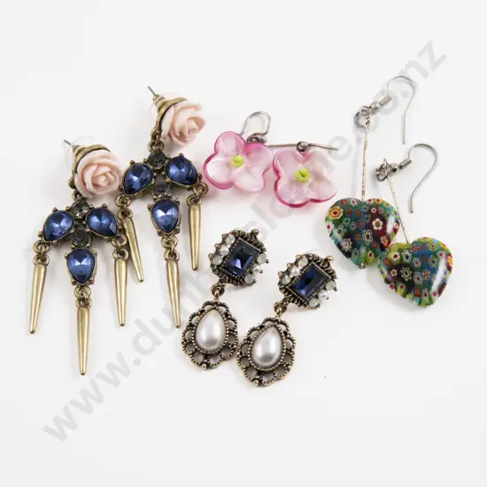Pair Millefiori Glass Heart Shape Pendant Drop Earrings with Three Others