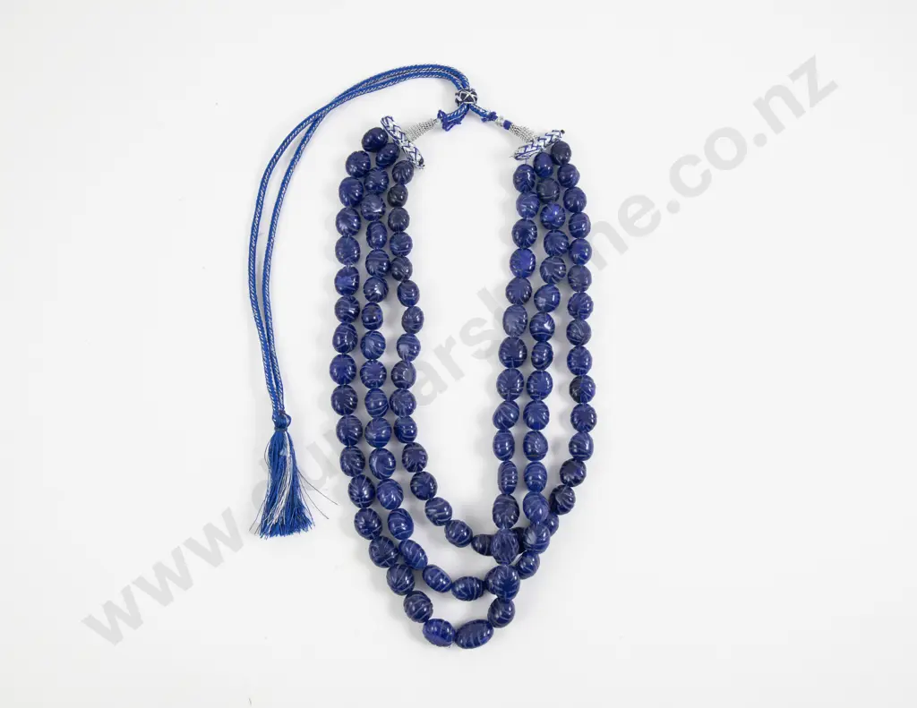 Triple Strand Carved Lapis Bead Necklace Image 1++